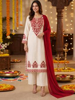 Gahan - Womens White Cotton Embroidered Kurta with Palazzo & Dupatta