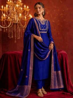 Gahan - Womens Blue Silk Blend Embroidered Straight Kurta with Pant & Dupatta