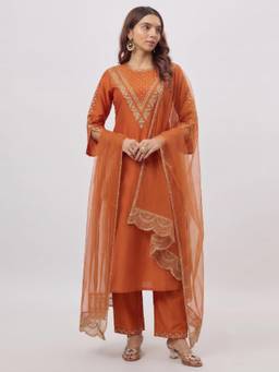 Gahan - Womens Orange Silk Blend Embroidered Straight Kurta with Pant & Dupatta