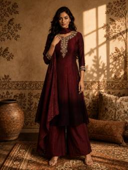 Gahan - Womens Maroon Embroidered Anarkali Kurta with Palazzo & Dupatta