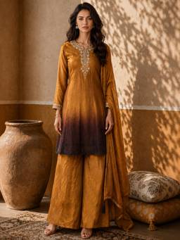Gahan - Womens Mustard Embroidered Anarkali Kurta with Palazzo & Dupatta