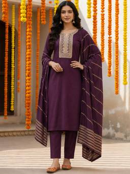 Gahan - Womens Purple Silk Blend Embroidered Kurta with Pant & Dupatta