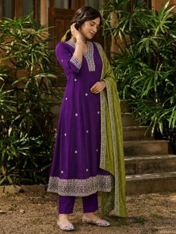 Gahan - Womens Purple Vichitra Silk Embroidered Anarkali Kurta with Pant & Dupatta