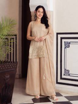 Gahan - Womens Cream Crunchy Embroidered Kurta with Palazzo & Dupatta