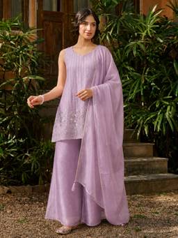 Gahan - Womens Lavender Crunchy Embroidered Kurta with Palazzo & Dupatta