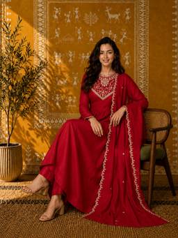 Gahan - Womens Red Vichitra Silk Embroidered Anarkali Kurta with Pant & Dupatta