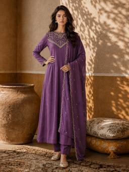 Gahan - Womens Purple Vichitra Silk Embroidered Anarkali Kurta with Pant & Dupatta