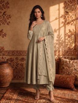 Gahan - Womens Beige Vichitra Silk Embroidered Anarkali Kurta with Pant & Dupatta