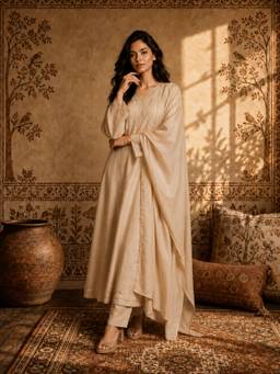 Gahan - Womens Cream Vichitra Silk Embroidered Anarkali Kurta with Pant & Dupatta