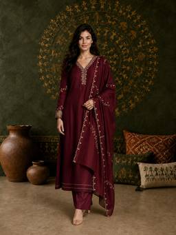 Gahan - Womens Maroon Vichitra Silk Embroidered Anarkali Kurta with Pant & Dupatta