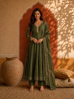 Gahan - Womens Green Vichitra Silk Embroidered Anarkali Kurta with Pant & Dupatta