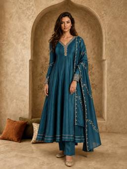 Gahan - Womens Teal Vichitra Silk Embroidered Anarkali Kurta with Pant & Dupatta