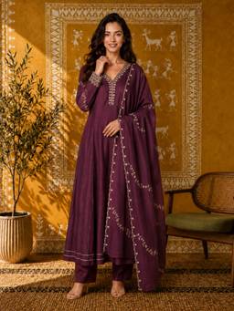 Gahan - Womens Wine Vichitra Silk Embroidered Anarkali Kurta with Pant & Dupatta