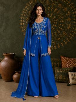 Gahan - Womens Blue Crunchy Embroidered Kurta with Palazzo & Dupatta