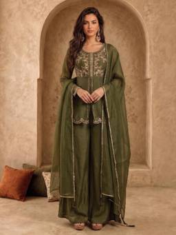 Gahan - Womens Green Crunchy Embroidered Kurta with Palazzo & Dupatta