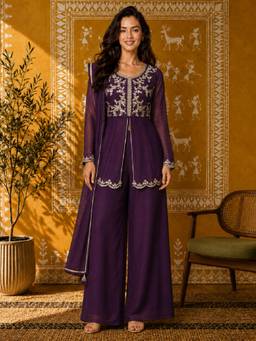 Gahan - Womens Purple Crunchy Embroidered Kurta with Palazzo & Dupatta