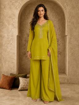 Gahan - Womens Green Crunchy Embroidered Kurta with Palazzo & Dupatta