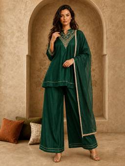 Gahan - Womens Green Vichitra Silk Embroidered Kurta with Palazzo & Dupatta
