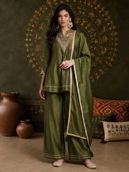 Gahan - Womens Mehandi Vichitra Silk Embroidered Kurta with Palazzo & Dupatta
