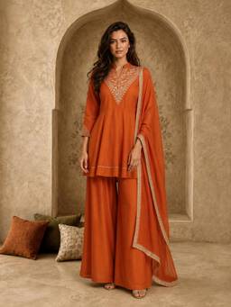 Gahan - Womens Orange Vichitra Silk Embroidered Kurta with Palazzo & Dupatta