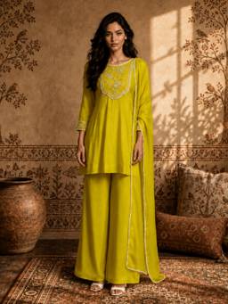 Gahan - Womens Lime Yellow Vichitra Silk Embroidered Kurta with Palazzo & Dupatta