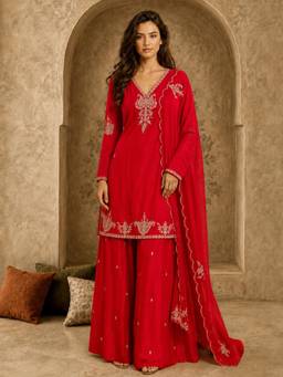 Gahan - Womens Red Silk Blend Embroidered Kurta with Palazzo & Dupatta