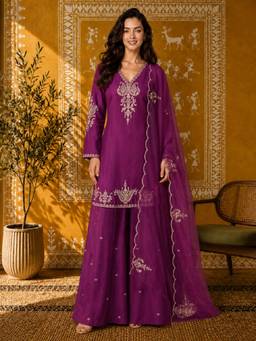 Gahan - Womens Purple Silk Blend Embroidered Kurta with Palazzo & Dupatta