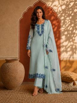 Gahan - Womens Blue Silk Blend Embroidered Kurta with Pant & Dupatta