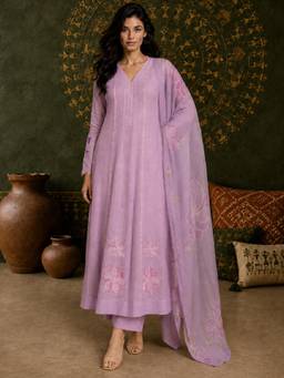 Gahan - Womens Lavender Silk Blend Anarkali Kurta with Pant & Dupatta
