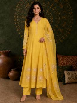 Gahan - Womens Yellow Silk Blend Anarkali Kurta with Pant & Dupatta