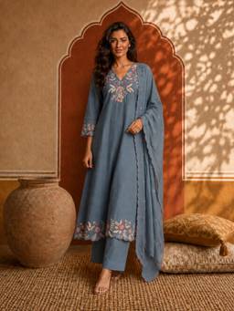 Gahan - Womens Grey Silk Blend Embroidered Anarkali Kurta with Palazzo & Dupatta