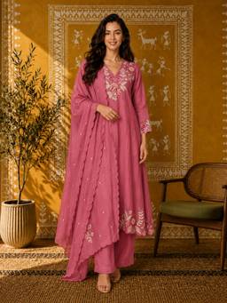 Gahan - Womens Pink Silk Blend Embroidered Anarkali Kurta with Palazzo & Dupatta