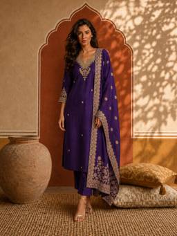 Gahan - Womens Purple Silk Blend Embroidered Kurta with Salwar & Dupatta