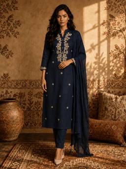 Gahan - Womens Navy Blue Cotton Silk Embroidered Kurta with Pant & Dupatta