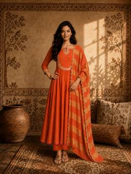 Gahan - Womens Orange Cotton Silk Embroidered Anarkali Kurta with Pant & Dupatta