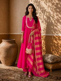 Gahan - Womens Pink Cotton Silk Embroidered Anarkali Kurta with Pant & Dupatta