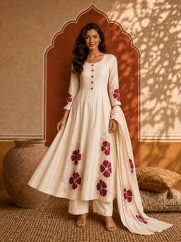 Gahan - Womens Cream Silk Blend Embroidered Anarkali Kurta with Pant & Dupatta