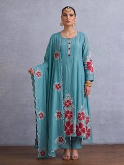Gahan - Womens Sky Blue Silk Blend Embroidered Anarkali Kurta with Pant & Dupatta