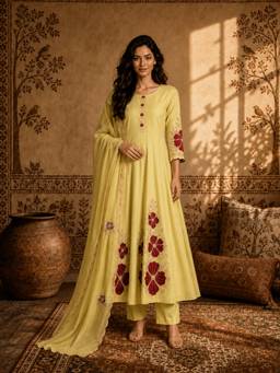 Gahan - Womens Yellow Silk Blend Embroidered Anarkali Kurta with Pant & Dupatta