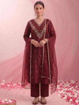 Gahan - Womens Maroon Silk Blend Thread Embroidery Straight Kurta with Pant & Dupatta