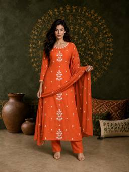 Gahan - Womens Orange Rayon Blend Embroidered Anarkali Kurta with Pant & Dupatta