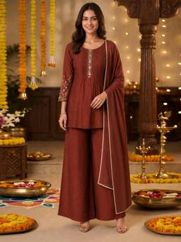 Gahan - Womens Silk Blend Embroidered Straight Kurta with Palazzo & Dupatta