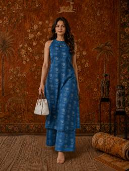 Gahan - Womens Blue Viscose Rayon Floral Print Straight Kurta with Palazzo