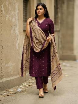 Gahan - Womens Wine Polyester Printed Straight Kurta with Pant & Dupatta