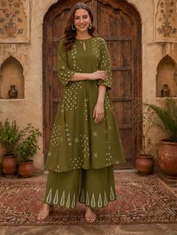 Gahan - Womens Mehandi Rayon Blend Printed A-Line Anarkali Kurta with Palazzo