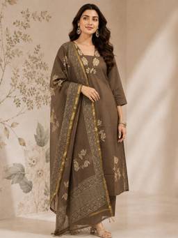 Gahan - Womens Brown Rayon Blend Printed Straight Kurta with Palazzo & Dupatta