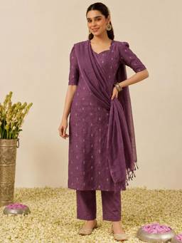 Gahan - Womens Purple Rayon Blend Printed Straight Kurta with Pant & Dupatta