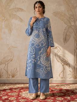 Gahan - Womens Blue Cotton Blend Printed A-Line Kurta with Pant
