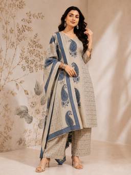 Gahan - Womens Beige Viscose Blend Straight Printed Kurta with Palazzo & Dupatta