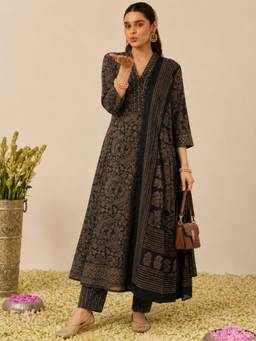 Gahan - Womens Black Rayon Blend Printed A-Line Anarkali Kurta with Pant & Dupatta